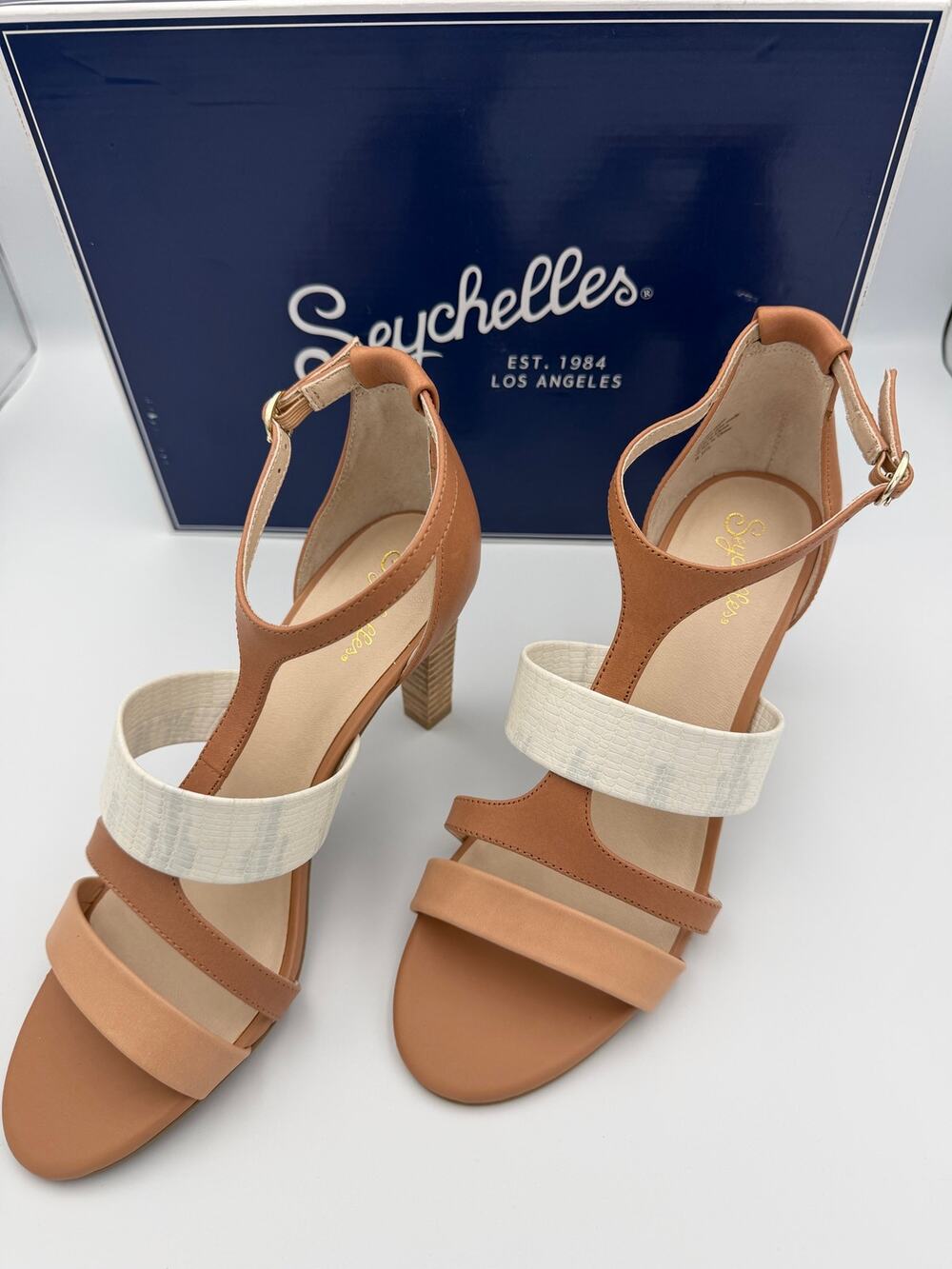 Seychelles Dress Code Luggage Multi TStrap Leather Heels Sandals NIB Size 8.5